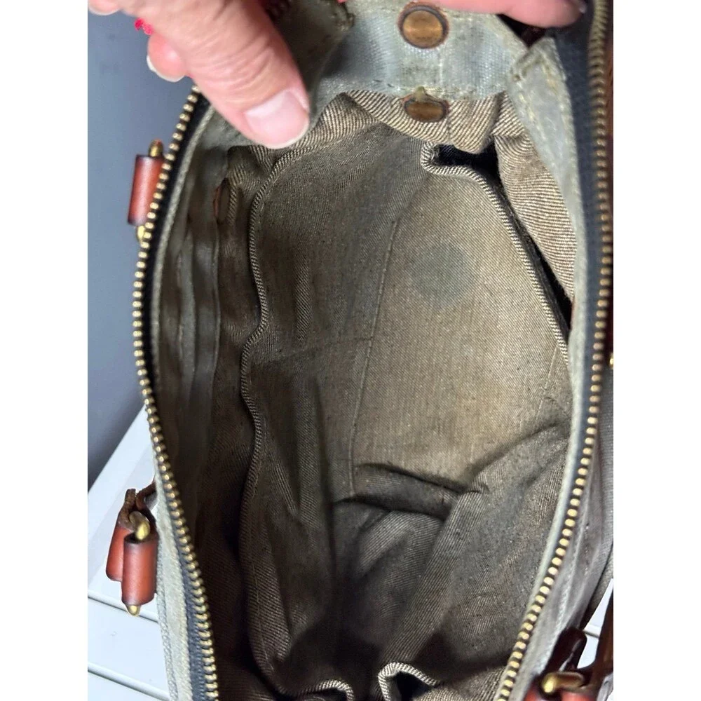 NORTH END Bag Co Gray Canvas Brown Leather Large Crossbody Shoulder Bag Vtg Boho